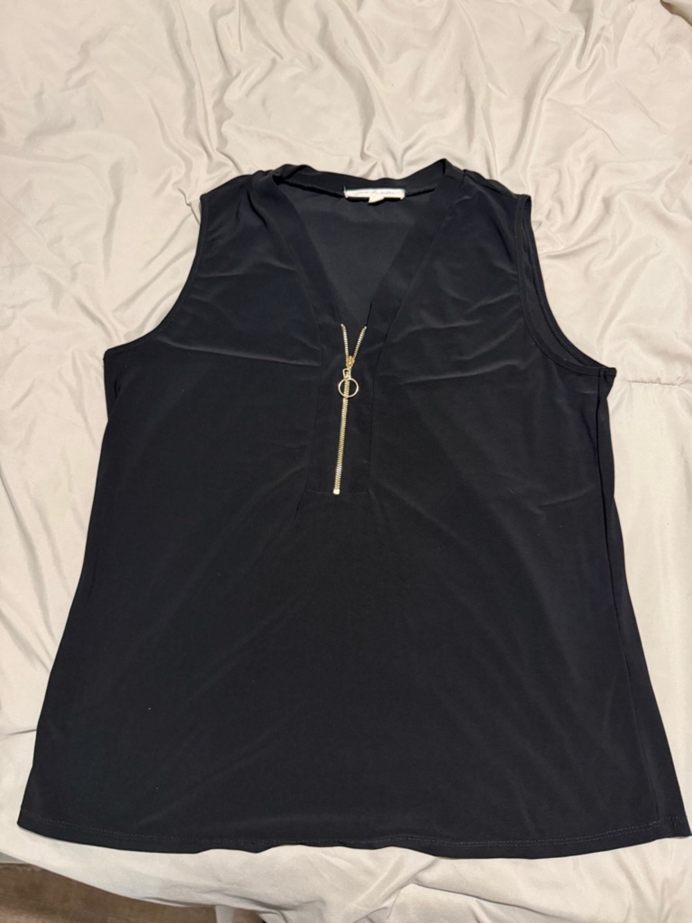 Sleeveless Black V-Neck Zip Front Women's Blouse